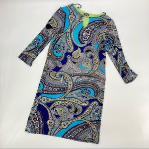 Norman Marcus Blue and Green Paisley Midi Dress - Size Small